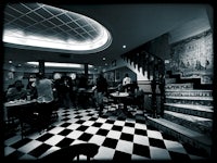 a black and white checkered floor